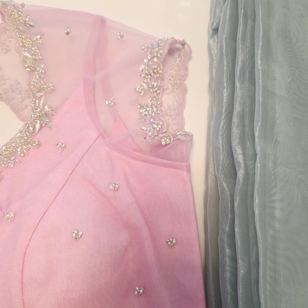 Seagreen Organza Glass Tissue With Mirror Work and BabyPink Net Blouse