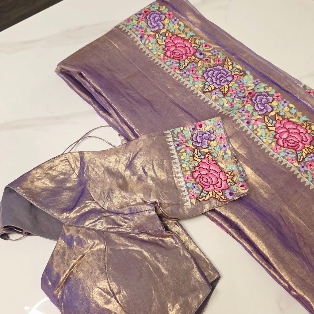 Blue Colour Pure Banaras Gold Tissue Saree with Petitepoint Work