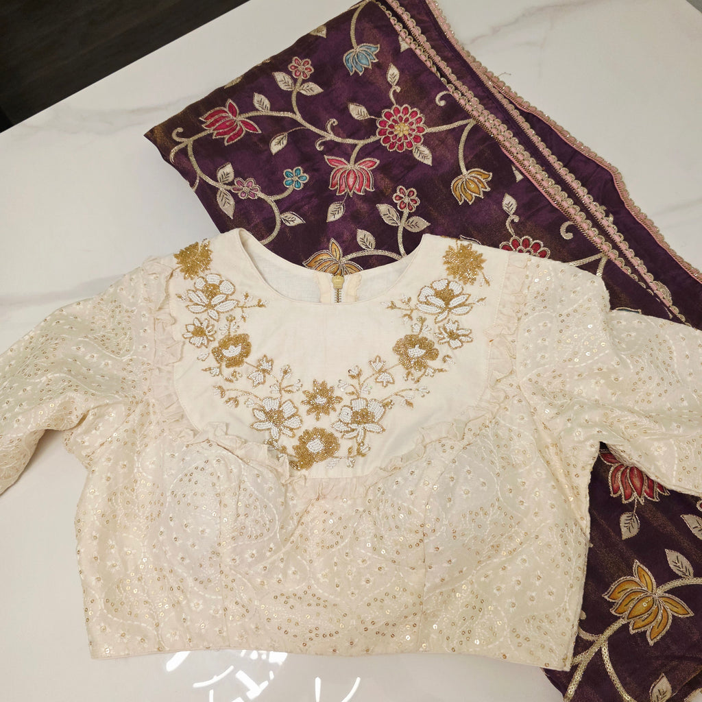 Violette Tissue-Saree mit Kalamkari-Patchwork und Designer-Bluse