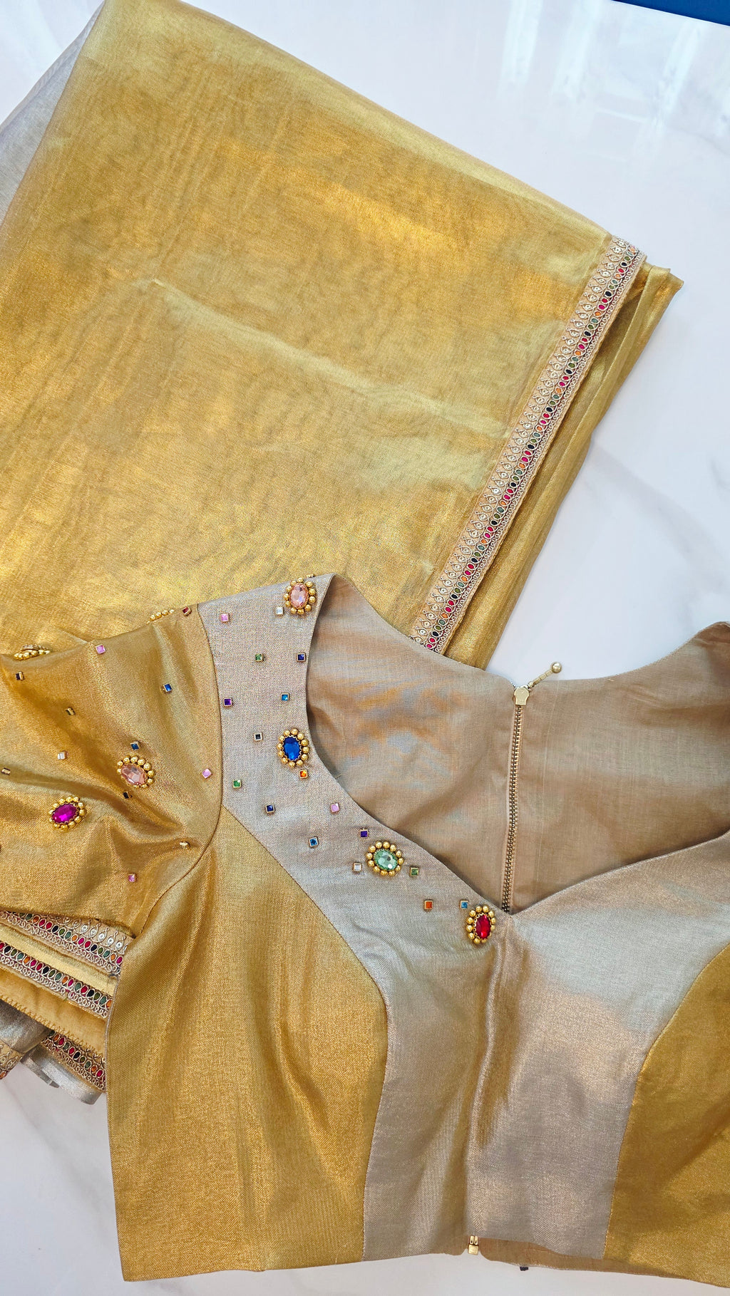 Womens Banaras Gokd and Sikver Tissue Saree with Navrathna Blouse