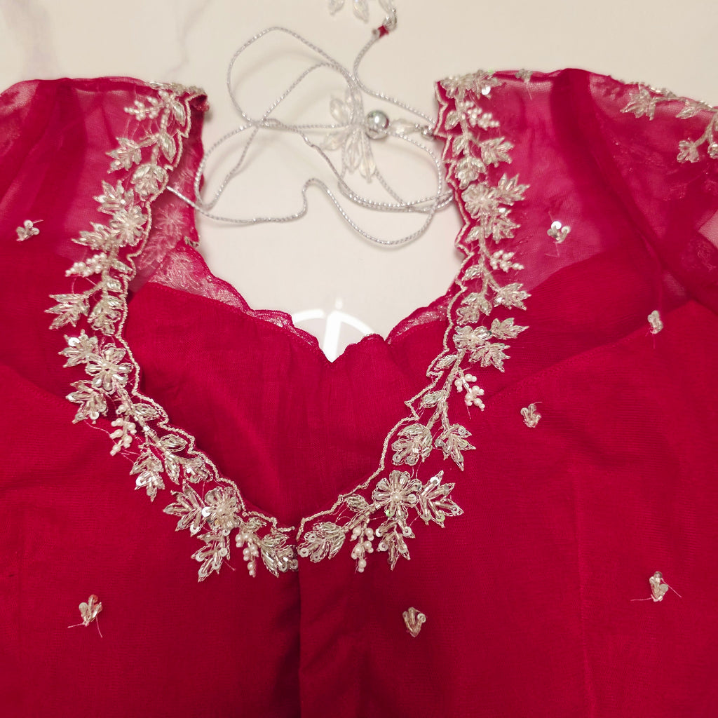 Hotpink Viscious Orgamza Stripes Saree with Net designer blouse