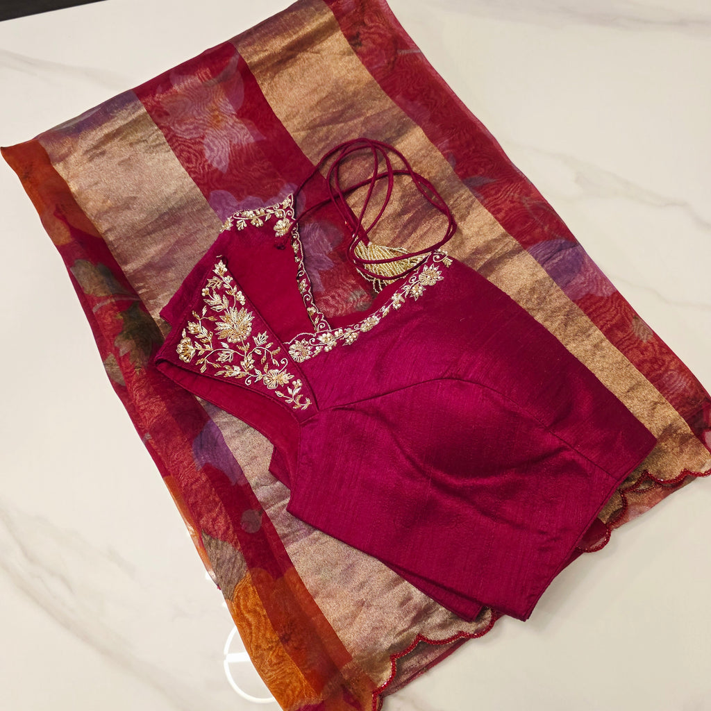 Latest Trendy Pure Organza Stripes Saree in Red Colour paired with Cute Blouse