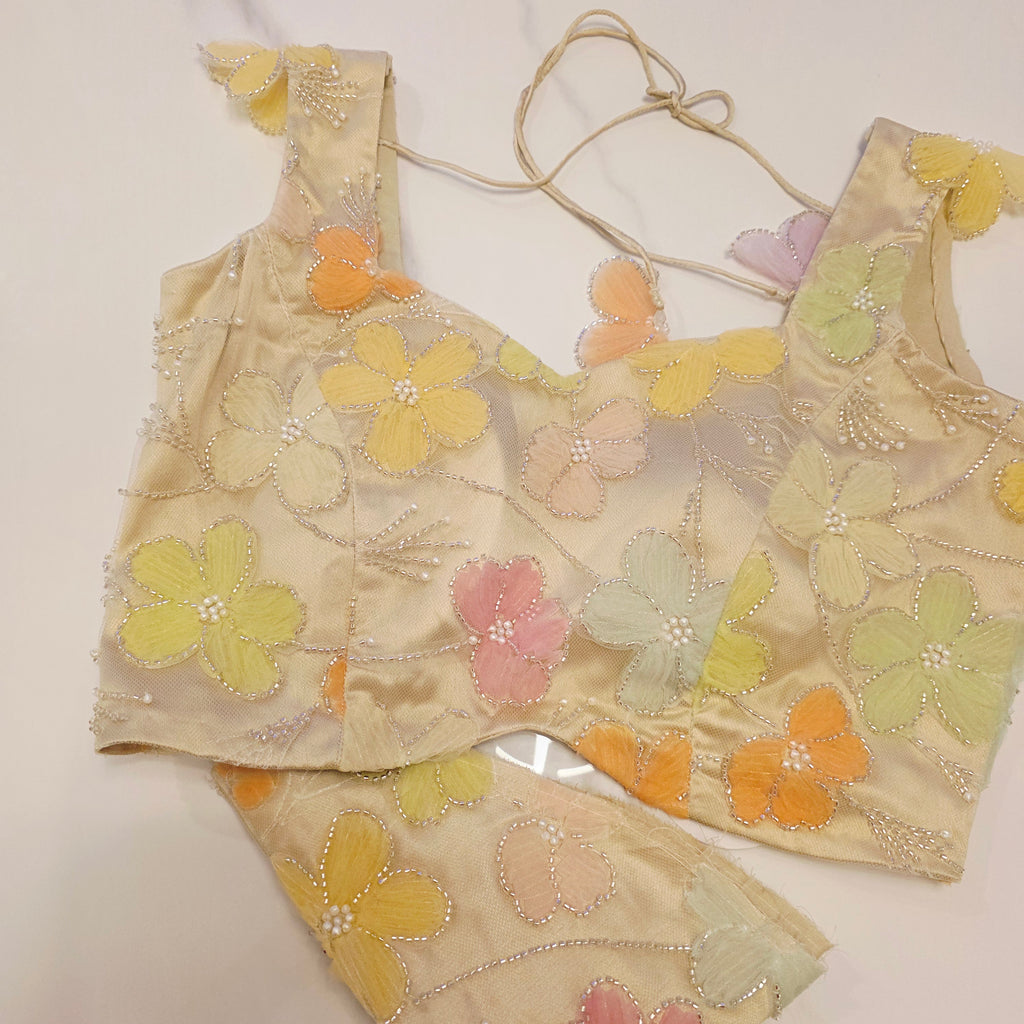 Parrot Green Tissue Saree With 3D Floral Blouse