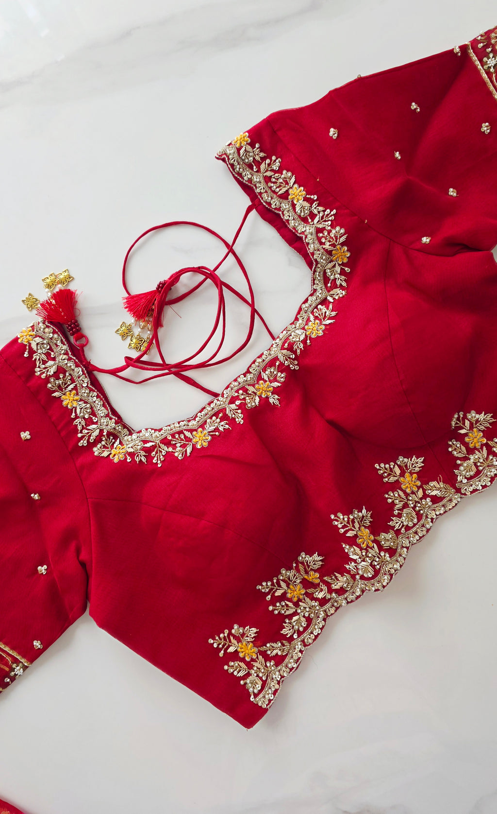 Womens Pure Banaras Kora Jamdani Sarees in Red Paired with Heavy Maggam Work Blouse