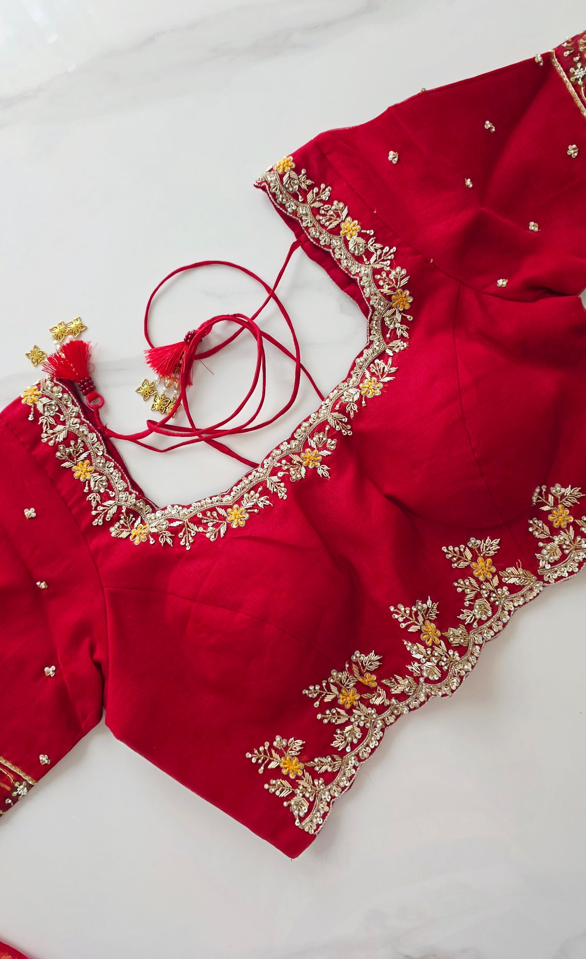 Womens Pure Banaras Kora Jamdani Sarees in Red Paired with Heavy Maggam Work Blouse