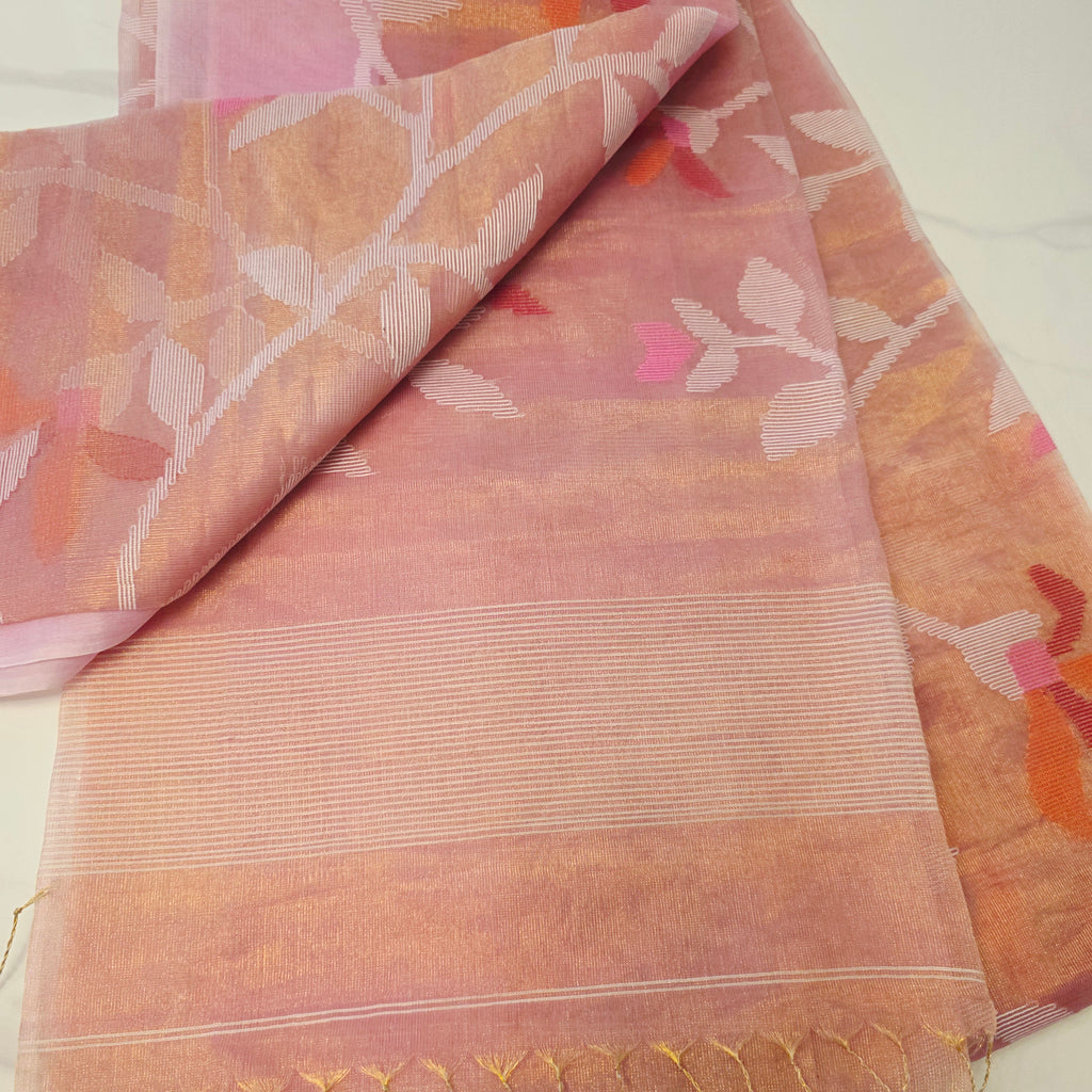 Reine Tissue Muslin Jamdani in Pink mit Designer-Hotpink-Bluse