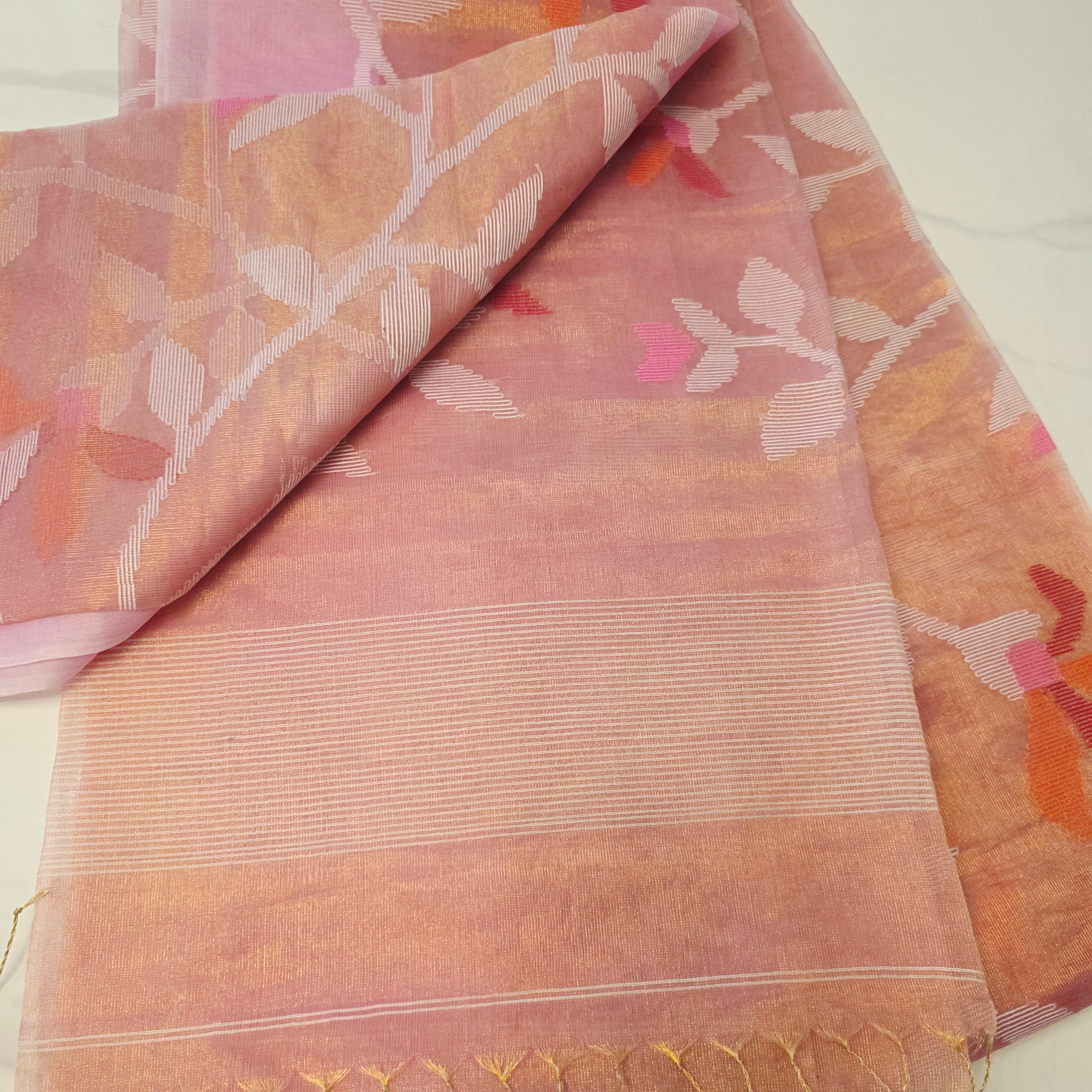 Pure Tissue Muslin Jamdani In Pink with Designer Hotpink Blouse