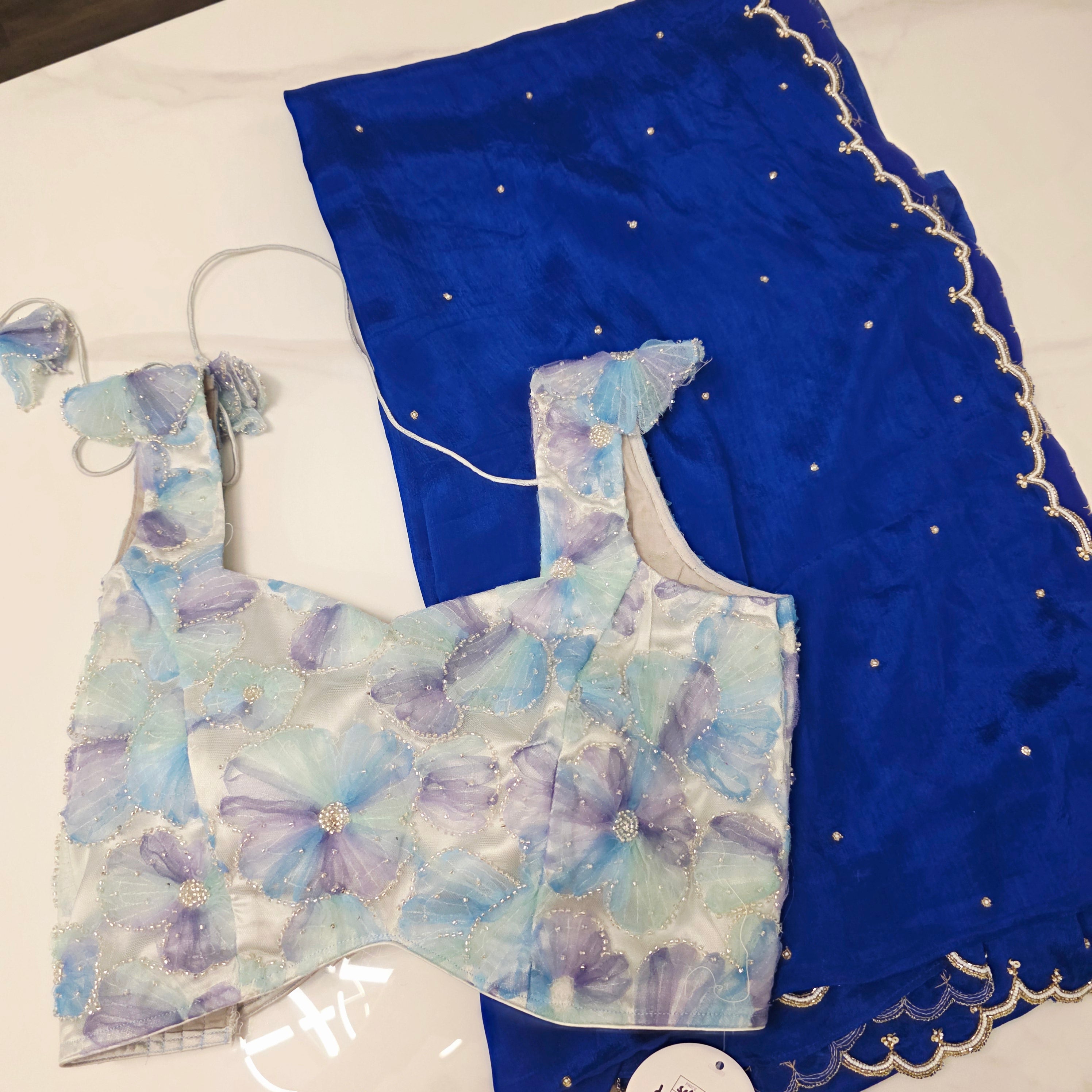 Royalblue Pure Georgette Saree With allover highlights and modern blouse