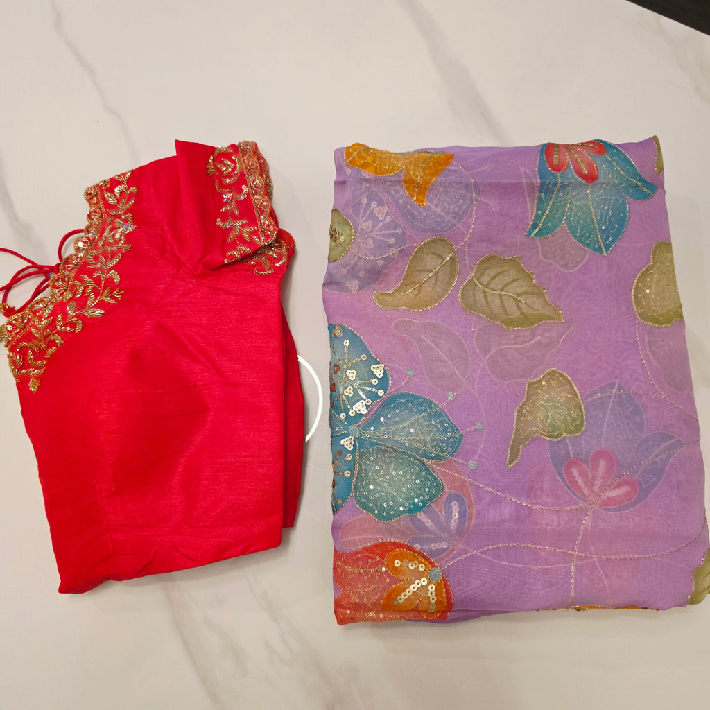 Purple Latest and Trendy Saree with Floral Hibiscus theme in paired with cute short sleeve blouse