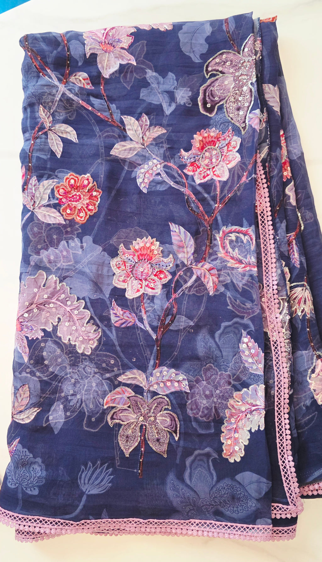 Womens Floral Viscious Organza Saree and Tissue Rawsilk Maggam work blouse
