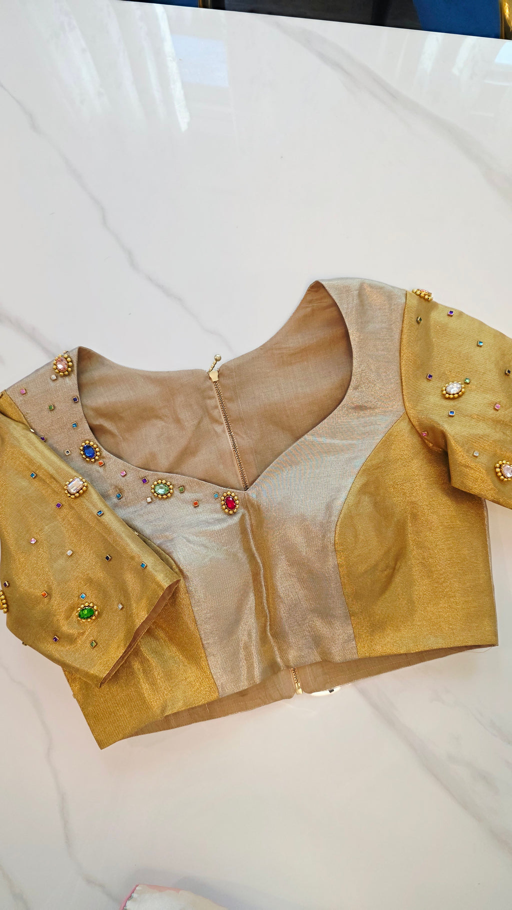 Womens Banaras Gokd and Sikver Tissue Saree with Navrathna Blouse