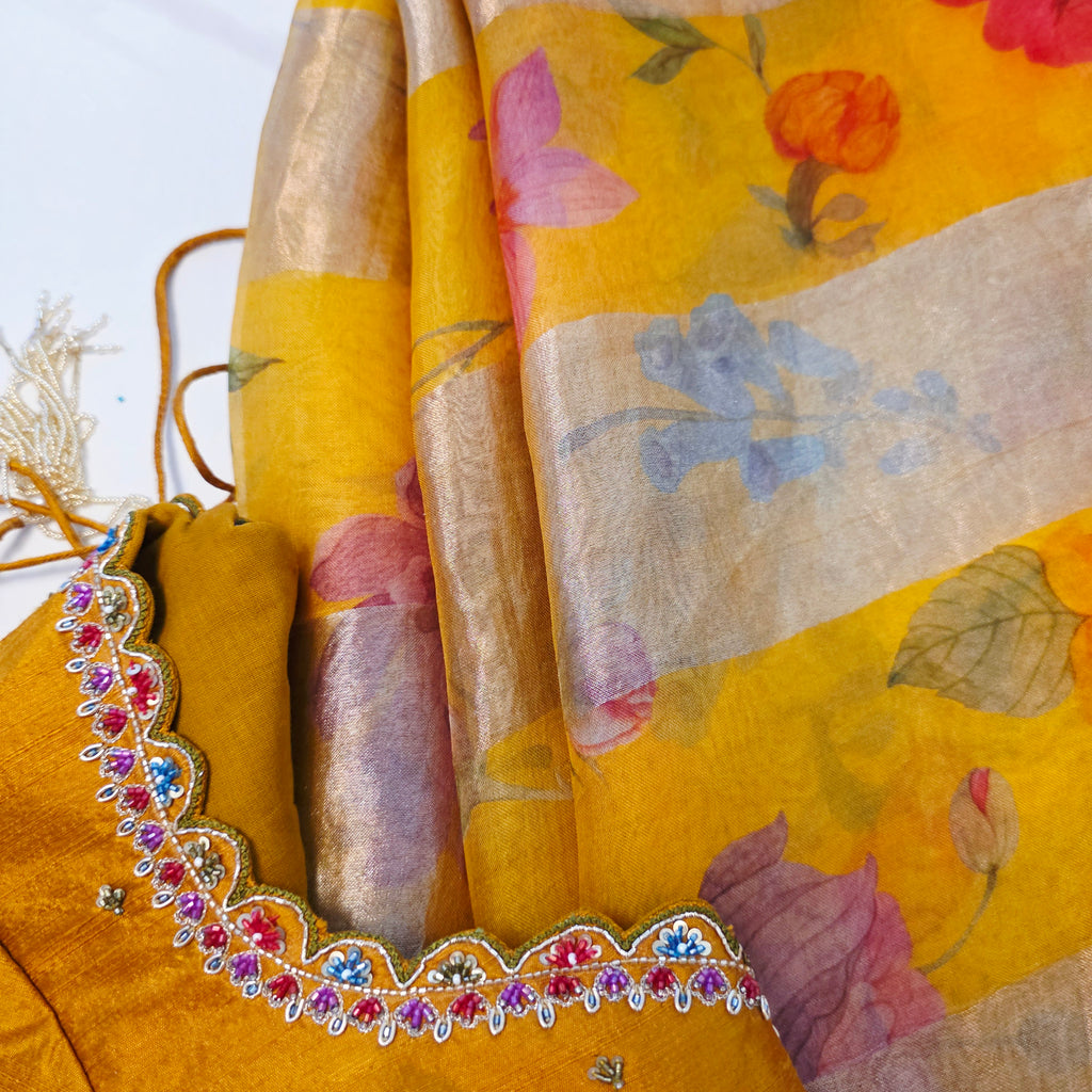 Yellow Premium Organza Stripes Saree with Rawsilk Designer Blouse