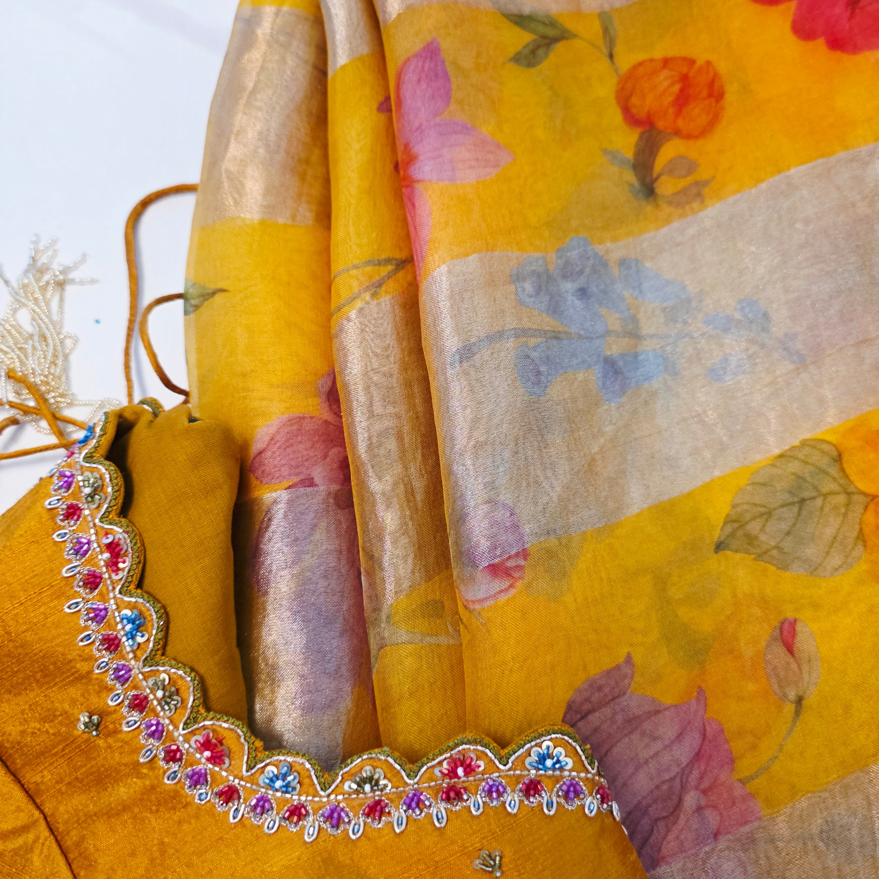 Yellow Premium Organza Stripes Saree with Rawsilk Designer Blouse