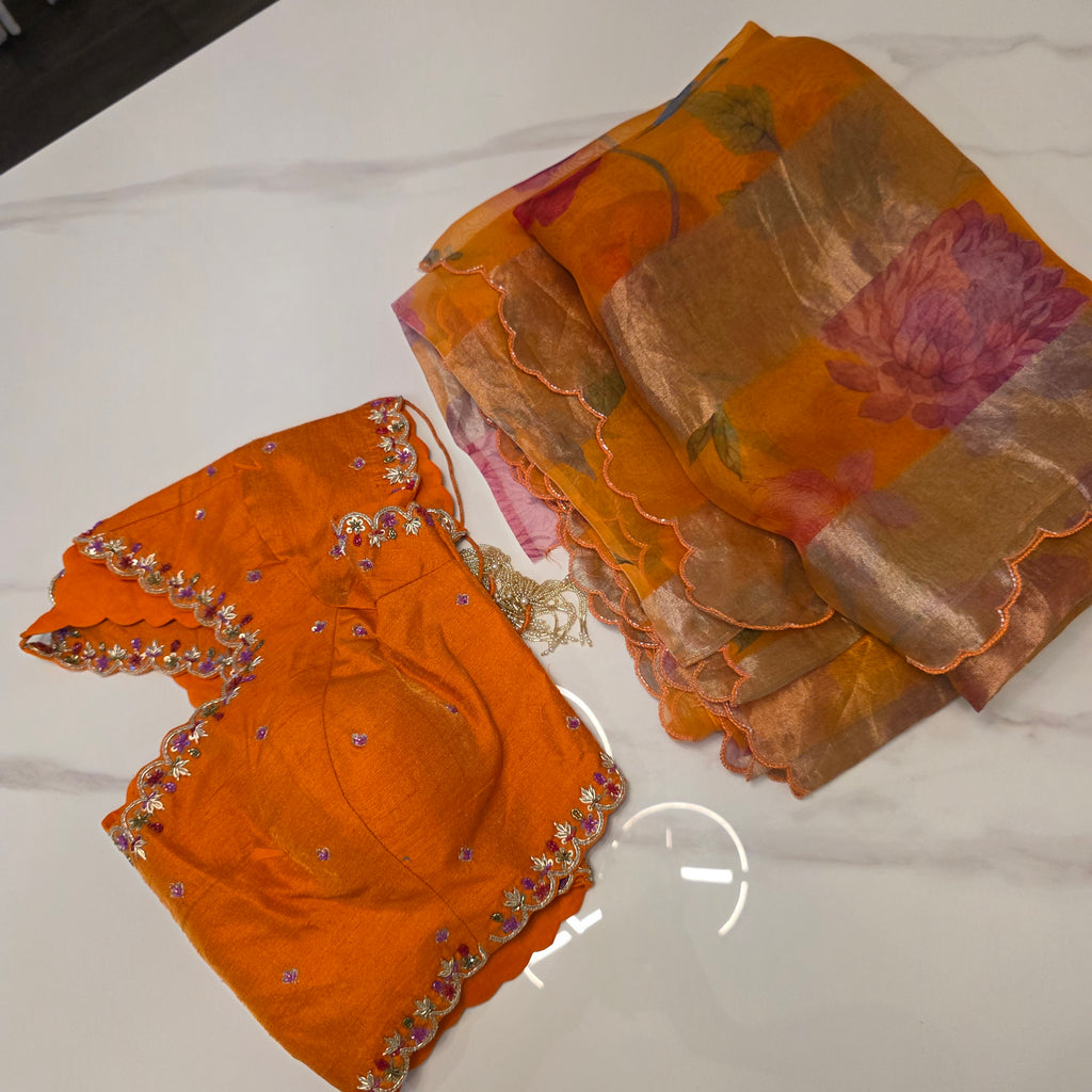 Latest Pure Organza Orange Colour Saree With Stripes with Heavy Blouse