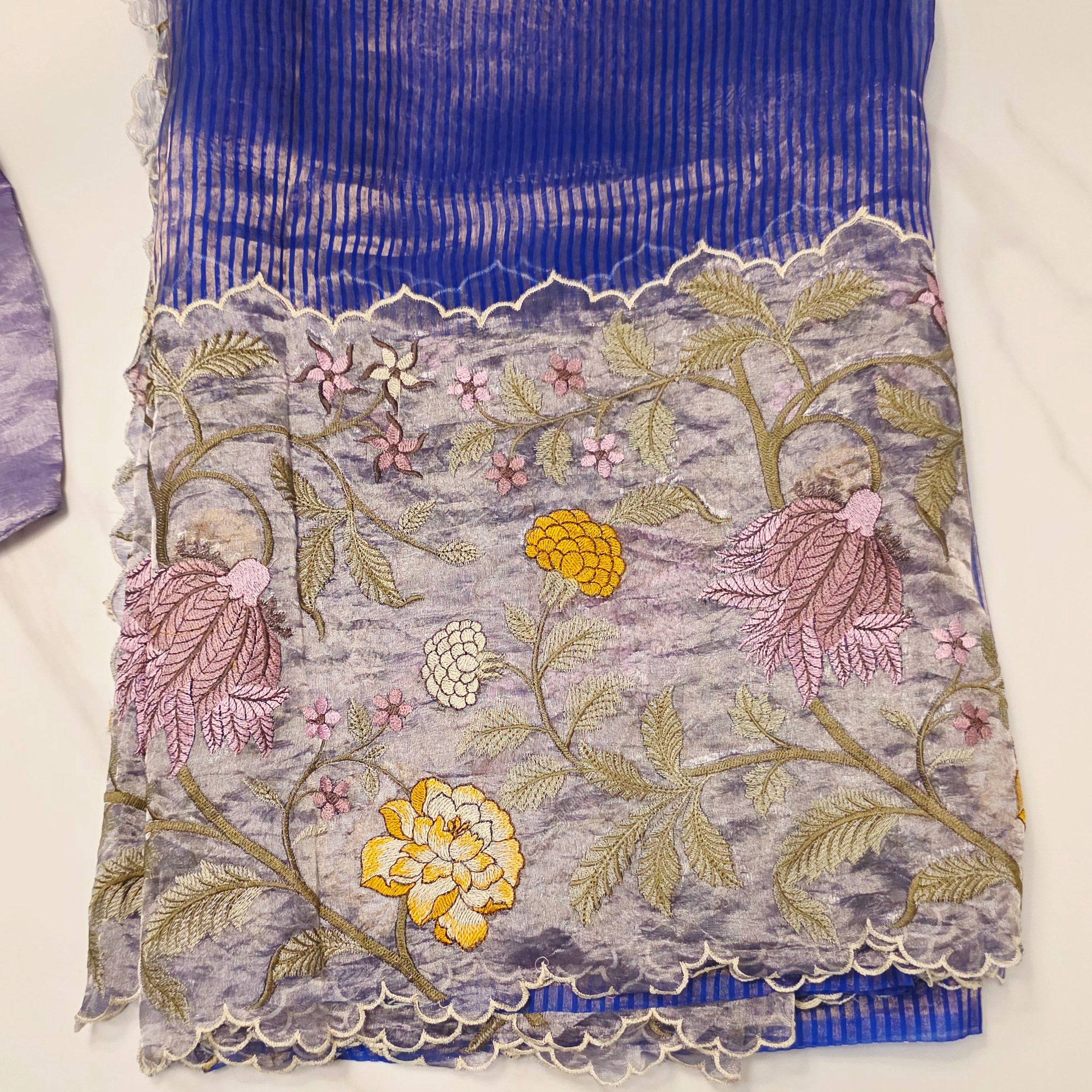 Navy Blue Banaras Tissue Stripes Saree With Applique Work