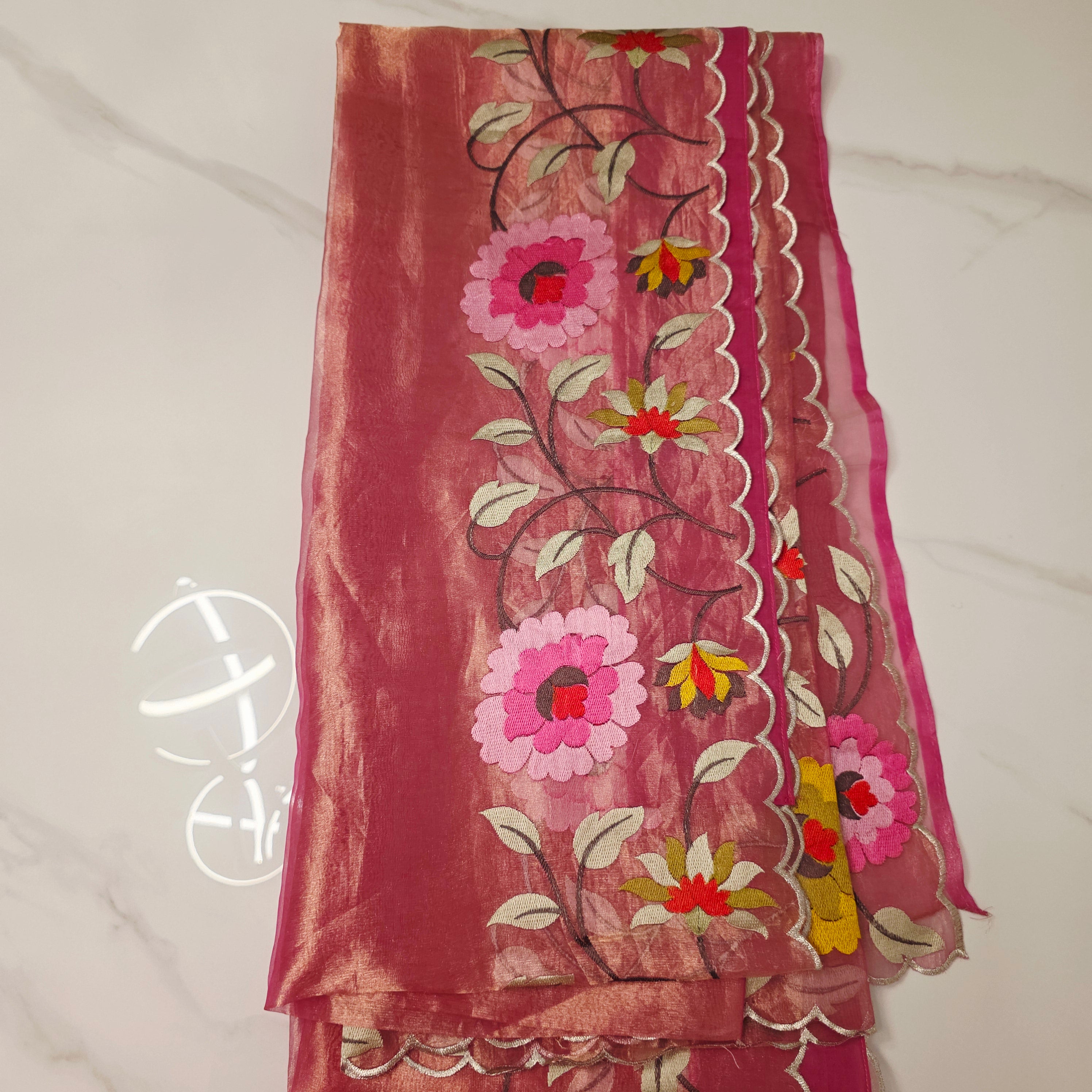 Pink Banaras Tissue Saree With Floral Embroidery