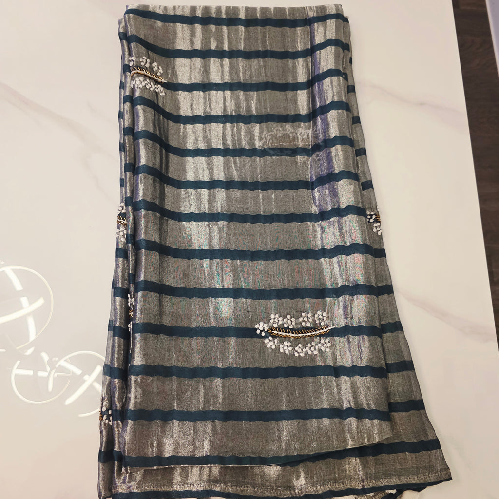 Bottle Green Viscious Organza Stripes Saree with Net Maggamwork blouse