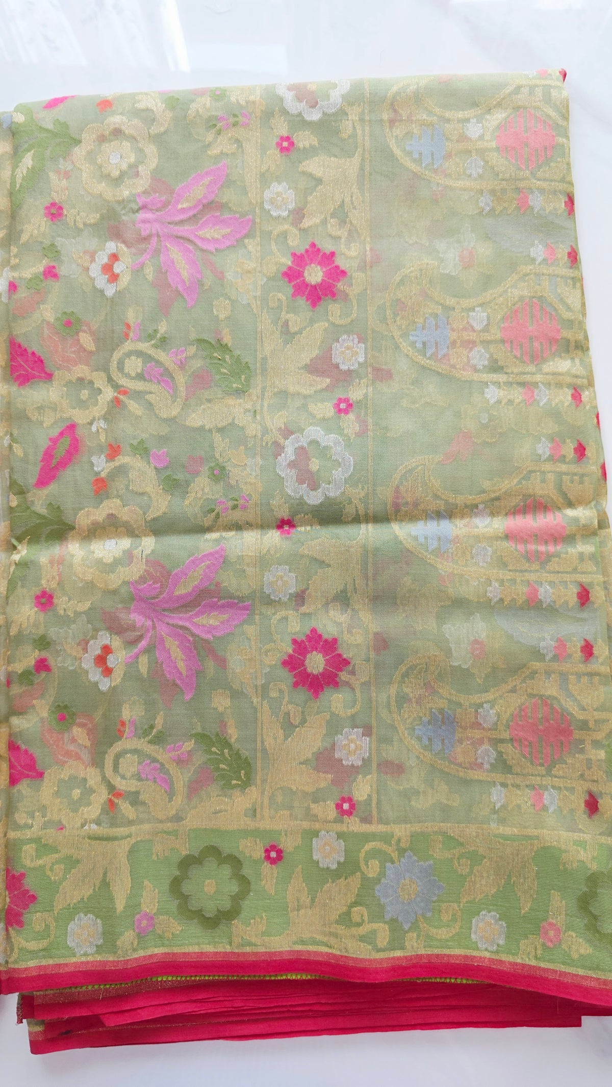 Womens Pure Banaras Kora Jamdani Sarees in Red Paired with Heavy Maggam Work Blouse