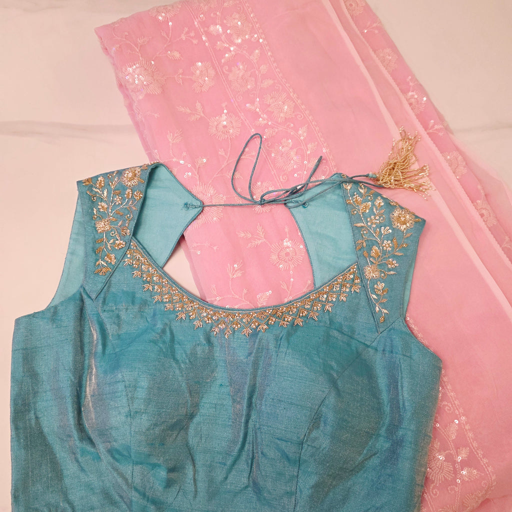 Baby Pink Sequin Georgette Saree With Skyblue Blouse
