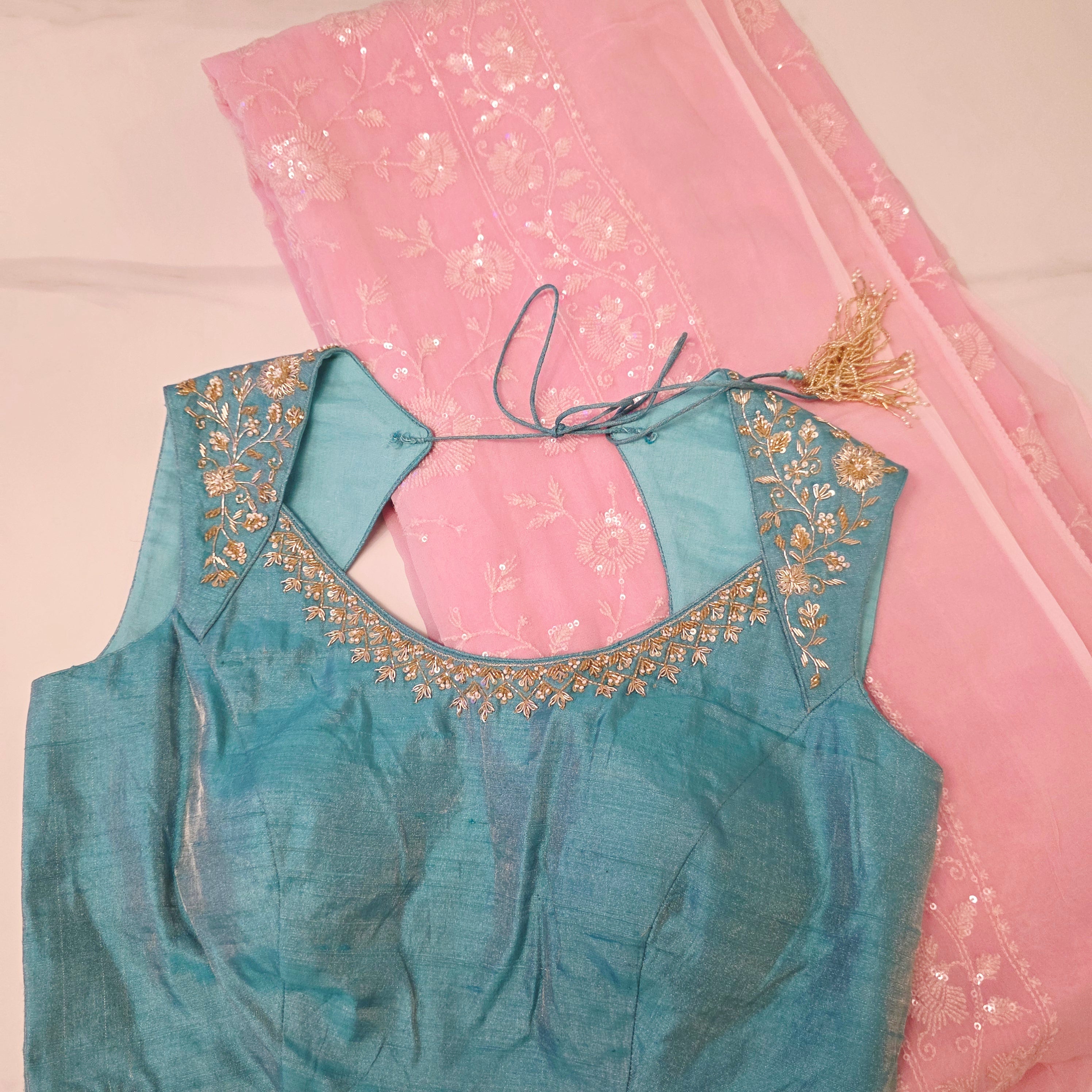 Baby Pink Sequin Georgette Saree With Skyblue Blouse