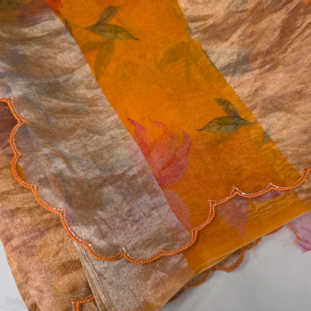 Latest Pure Organza Orange Colour Saree With Stripes with Heavy Blouse