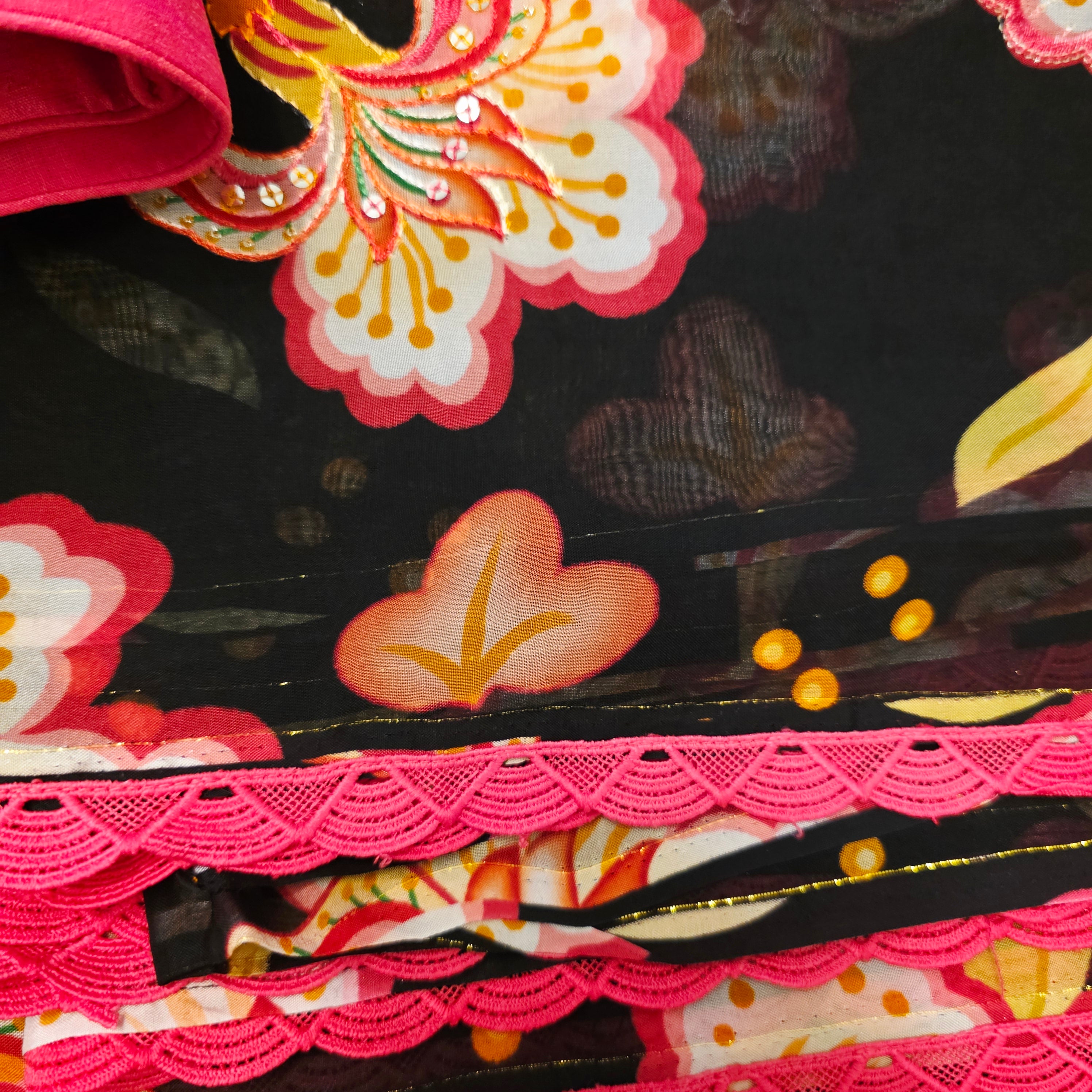 Trendy Black Floral Organza Saree With Maggam Work Blouse