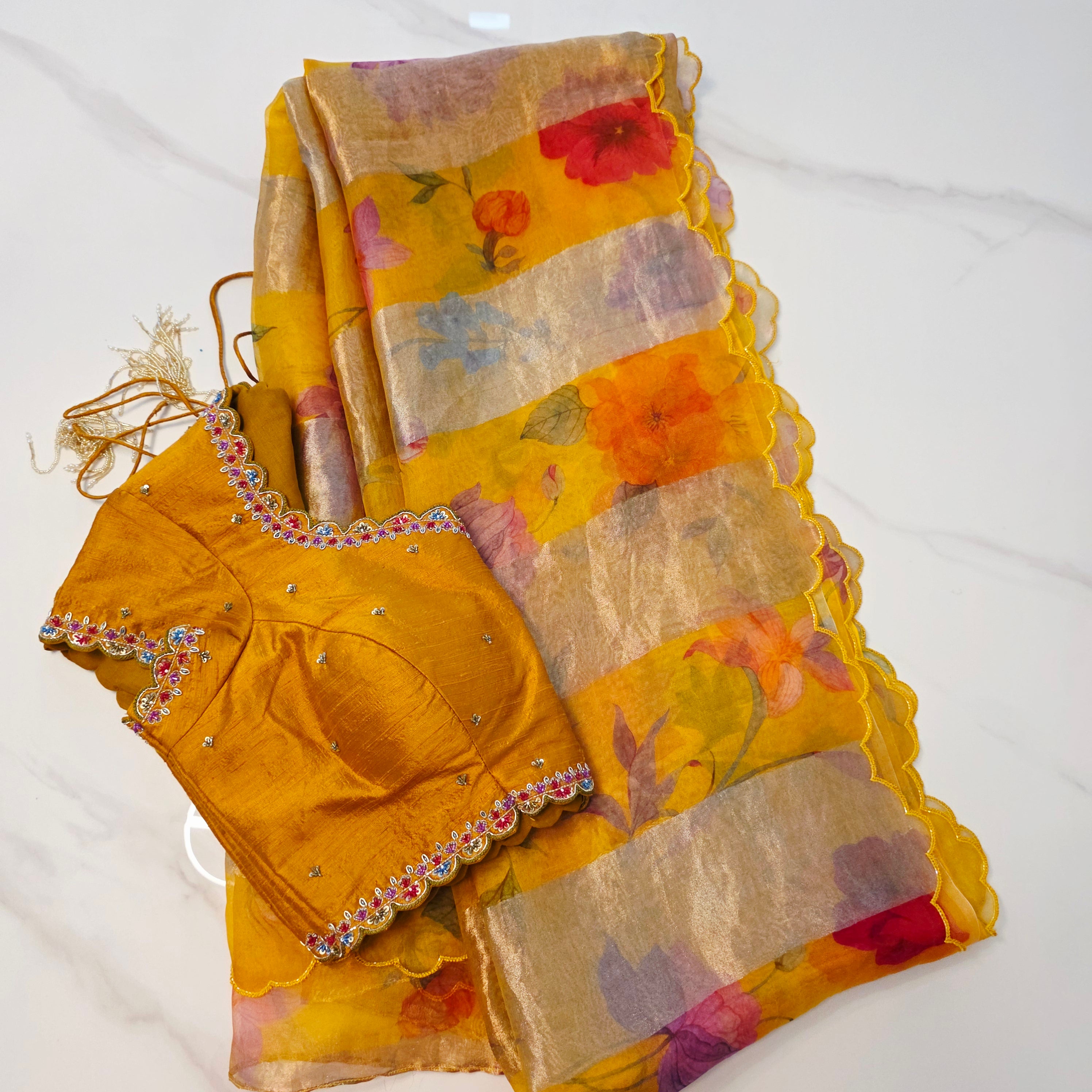 Yellow Premium Organza Stripes Saree with Rawsilk Designer Blouse
