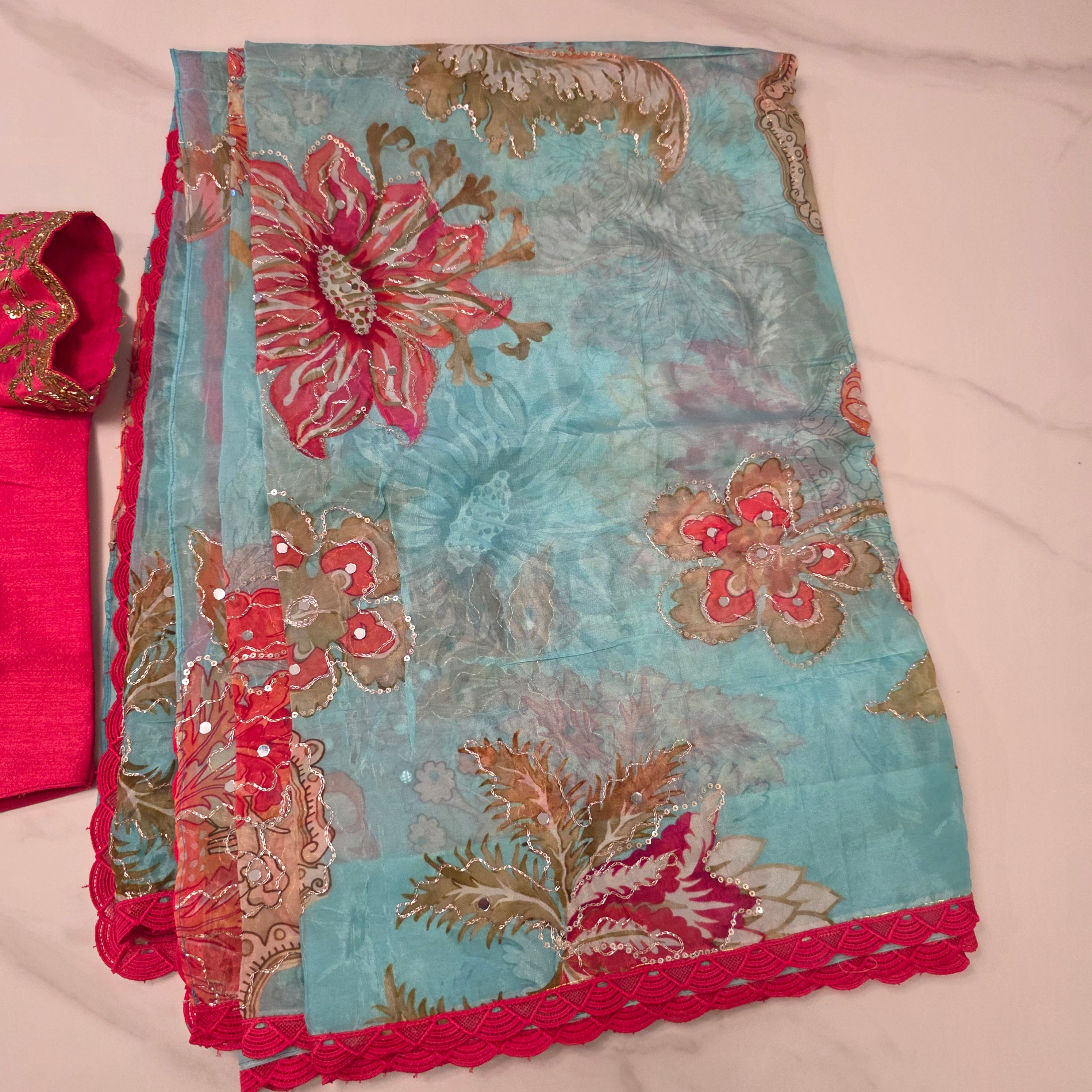 Light Blue Shiny Viscious Organza Saree paied with beautiful Maggam work Blouse